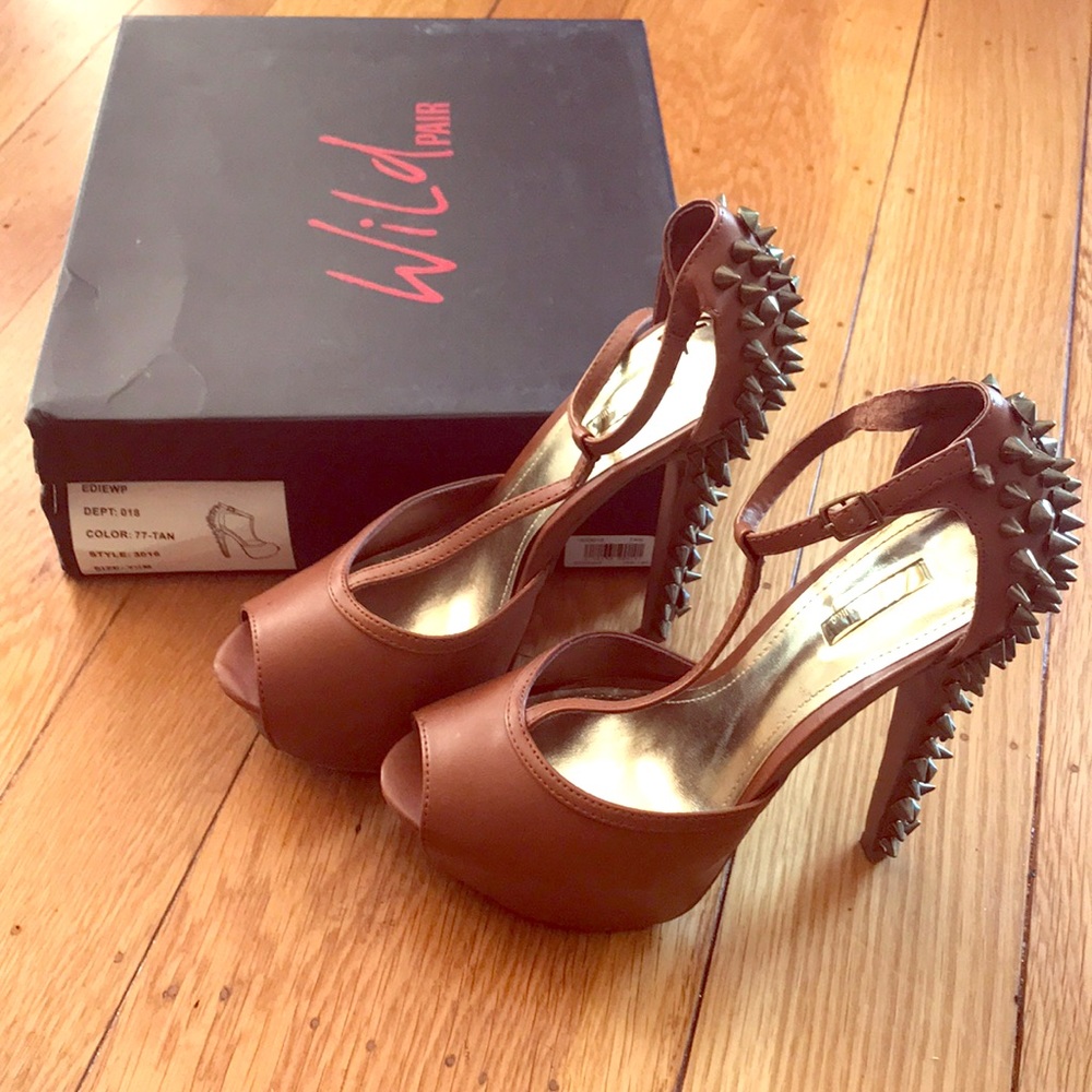 T strap peep toe spiked heels